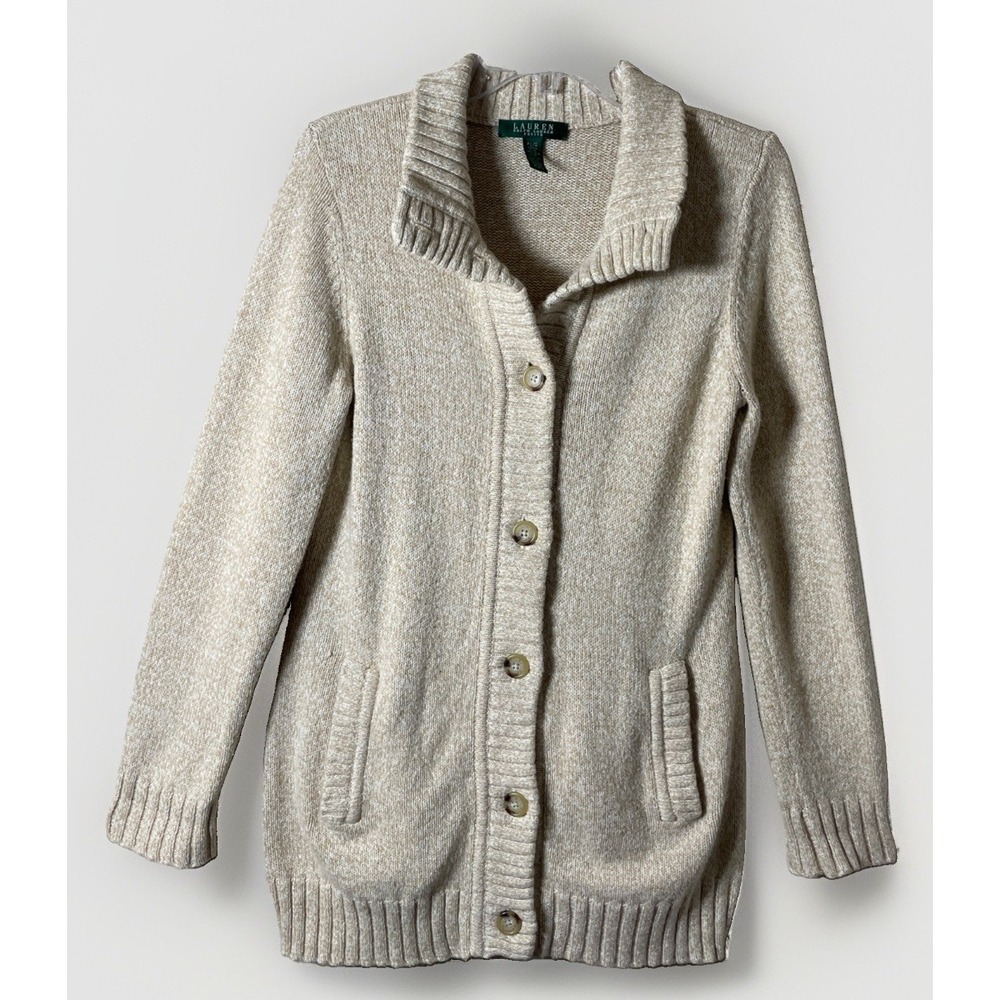 Lauren Ralph Lauren Women Beige Knit Long Sleeve Button Front Cardigan Sweater L